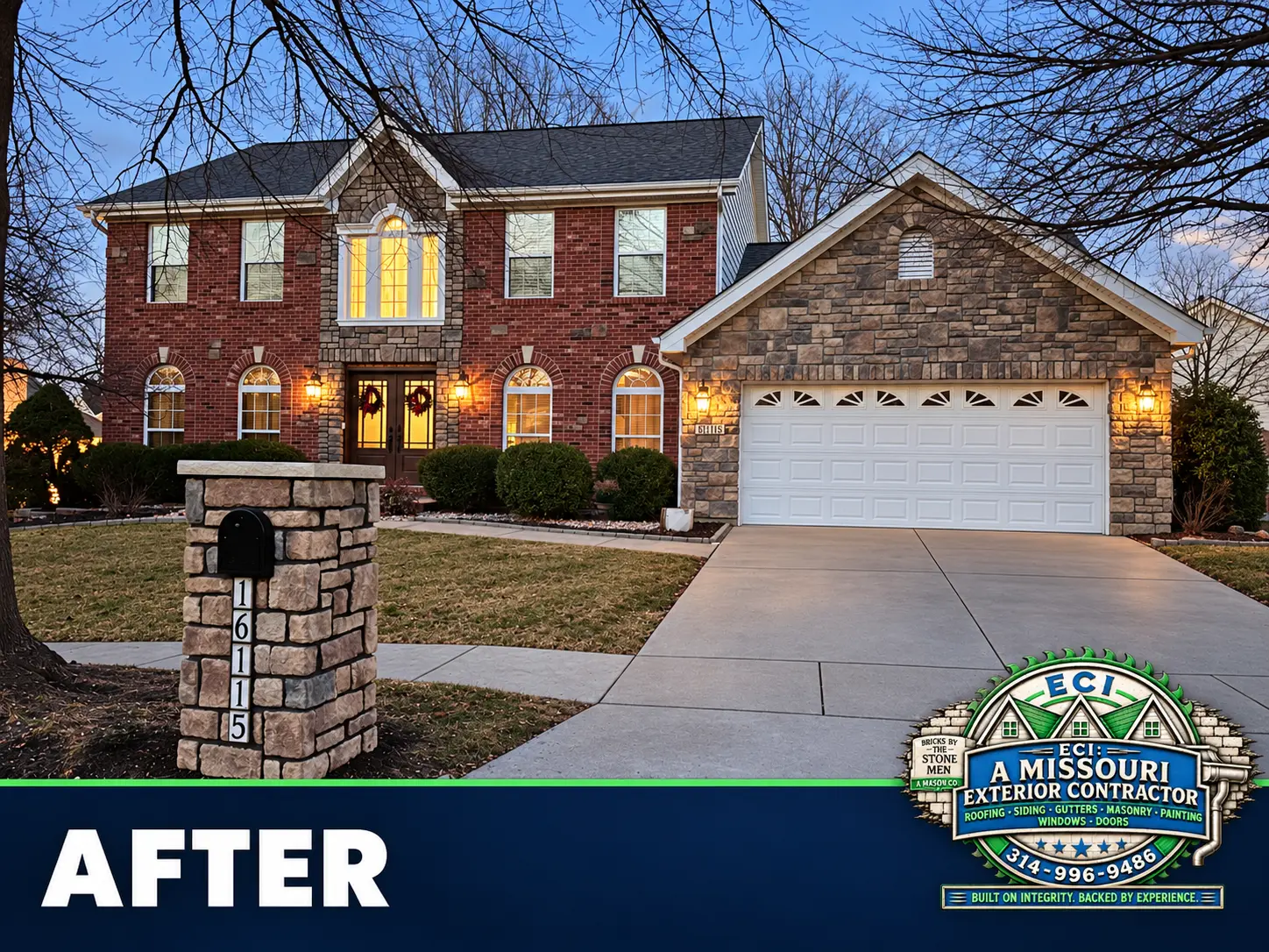 Completed brick home with stone accents on the entry and garage and a stone mailbox at dusk
